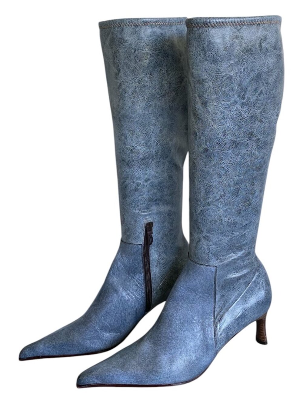 Luis Onofre Portugal Ice Blue Stretch Leather pointed Toe Knee Boots US 8.5